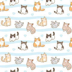 Seamless Pattern of Cartoon Cat Illustration Design on White Background with Blue Stripes and Hearts