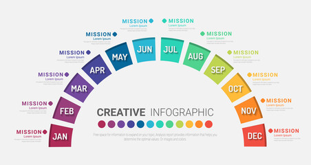Half circle Infographic all month planners. Infographics for 12 months, 1 year business concept. Can be used for presentations banner, workflow layout, process diagram, flow chart, info graph
