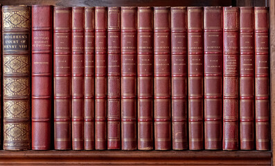 A line of old maroon books lined on a bookshelf