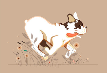 Nice French bulldog is running on the grass sticking his tongue out. Modern flat.