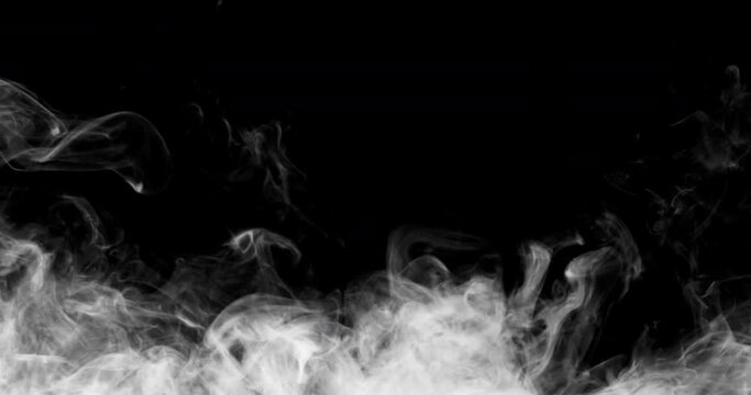 Animation white smoke, vapor, cloud on black background. Smoke, Cloud of fire smoke from bottom background. Light, white, fog, cloud, black background, 4k, ice smoke cloud. Floating fog.