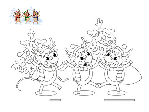 Three cute Christmas reindeer are dancing in the snow-covered forest. A picture for coloring and a color sample.
