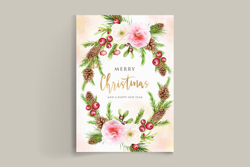 Watercolor elegant christmas wreath with red flower and decorations