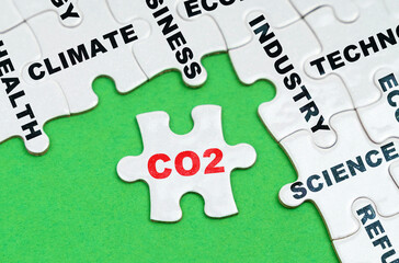 On a green background, white puzzles with text, a puzzle with the inscription - CO2