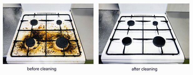 Kitchen white stove before and after cleaning service cleaning. Dirty gas stove stained while cooking, stove in grease. Unsanitary conditions, mess in house. Collage before, after cleaning from dirt. - obrazy, fototapety, plakaty