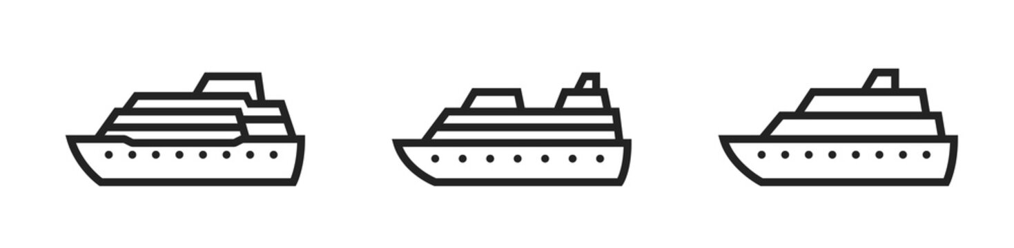 cruise ship line icon set. sea travel and cruise symbols
