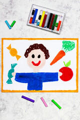Colorful drawing: Boy and sweets and vegetables around him. The problem of childhood obesity - 462032133