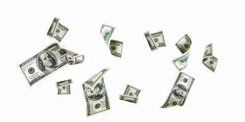 Fotobehang Hundred dollar bill. Falling money isolated on white background. American cash. © Maksym