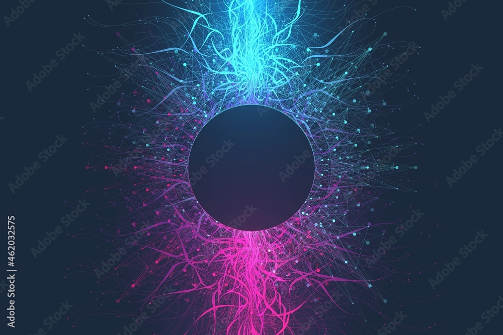 Poster Quantum computer technology concept. Deep learning artificial intelligence. Big data algorithms visualization for business, science, technology. Waves flow, illustration.