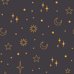 Stars seamless pattern with sun, moon. Mystical esoteric background for astrology design. Cosmos and space texture background.