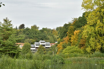 Immeuble à appartements de la chaussée de la Hulpe dissimulée dans la végétation luxuriante en automne du parc Watermael-Boitsfort à Bruxelles