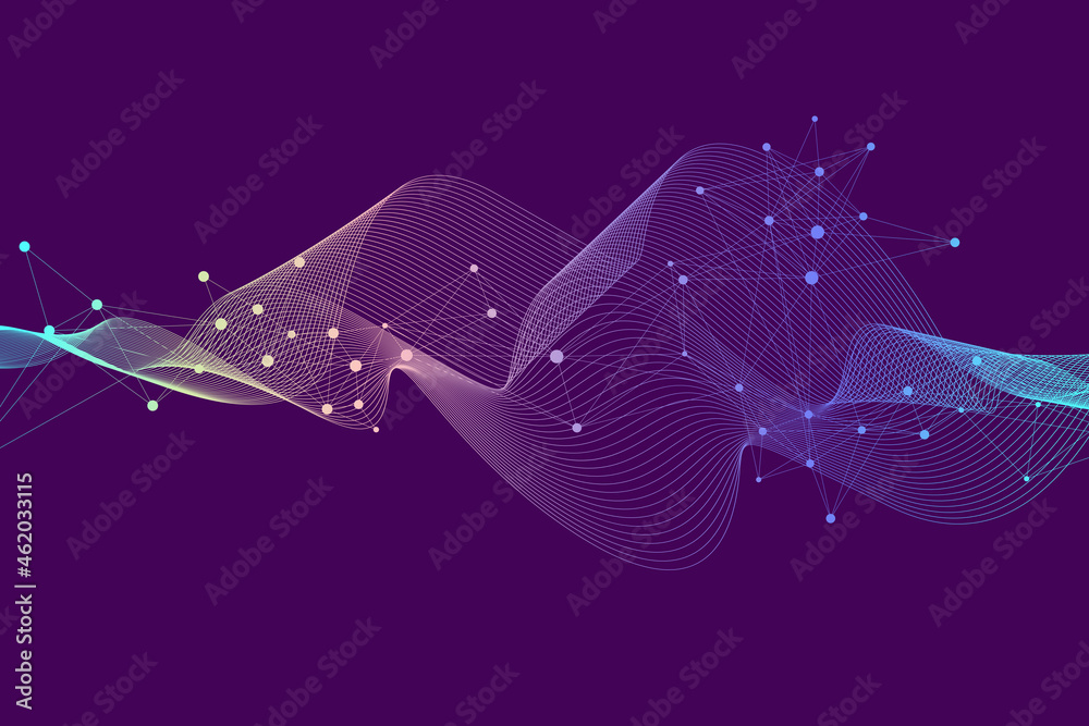 Poster expansion of life. colorful explosion background with connected line and dots, wave flow. visualizat