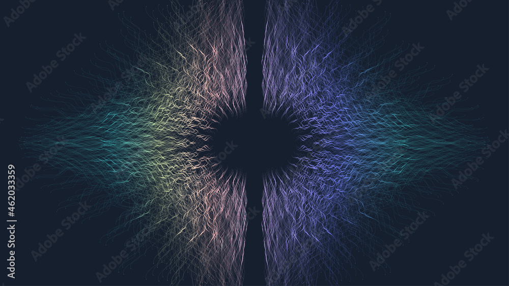 Aufkleber Quantum computer technology banner design template concept. Deep learning artificial intelligence. Big data algorithms visualization for business, science, technology. Waves flow, illustration.