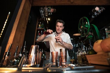 View of a professional bartender preparing a cocktail behind the counter of a beautiful and colourful cocktail bar using a shaker and bottles with fresh fruits in foreground, Lisbon, Portugal.