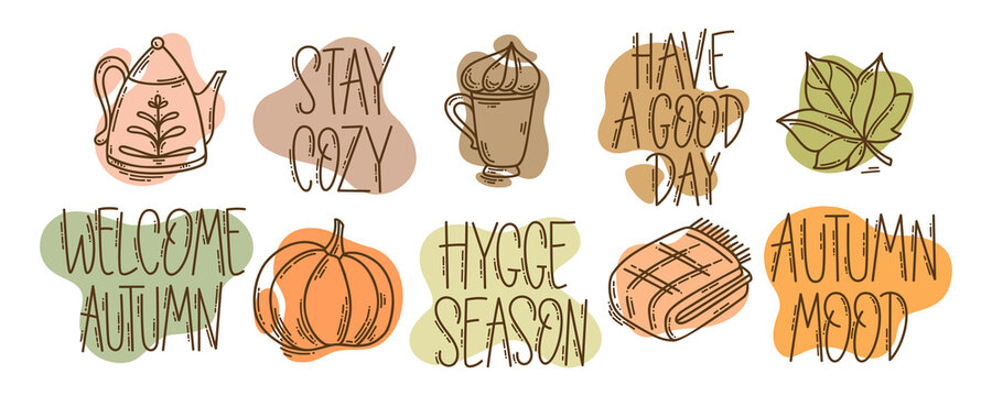 Set of hand-drawn autumn hygge mood vector icons in doodle style and lettering. Cozy cute cartoon elements collection and motivational phrases isolated on white background for seasonal decoration.