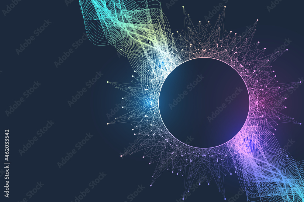 Aufkleber Quantum computer technology banner design template concept. Deep learning artificial intelligence. Big data algorithms visualization for business, science, technology. Waves flow, illustration.