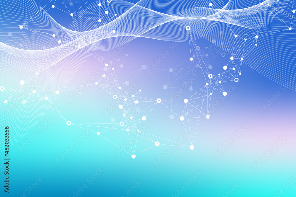 Poster Expansion of life. Colorful explosion background with connected line and dots, wave flow. Visualization Quantum technology. Abstract graphic background explosion, motion burst illustration.