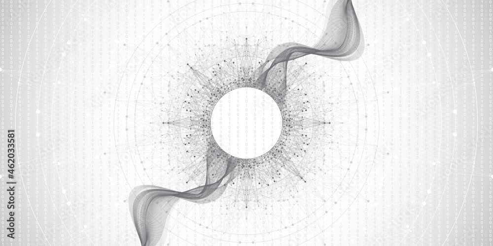 Poster Quantum computer technology banner design template concept. Deep learning artificial intelligence. Big data algorithms visualization for business, science, technology. Waves flow, illustration.