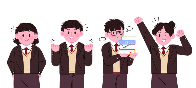 Korean high school student character in school uniform. High school students who are cheering and confident.