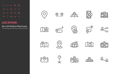 set of locaation line icons, map, nevigation