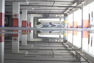 parking lot with water reflection