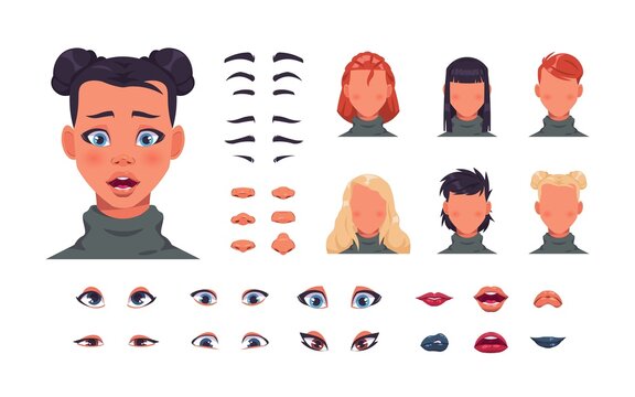 Female face kit. Woman character avatar constructor with hair, eyes and lips. Face shape with various hairstyle. Eyebrows or nose editor mockup. Vector elements set for portrait creation