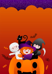 Halloween stories or party invitation with kids, cat and pumpkin. Trick or Treat Concept. Vector Illustration.