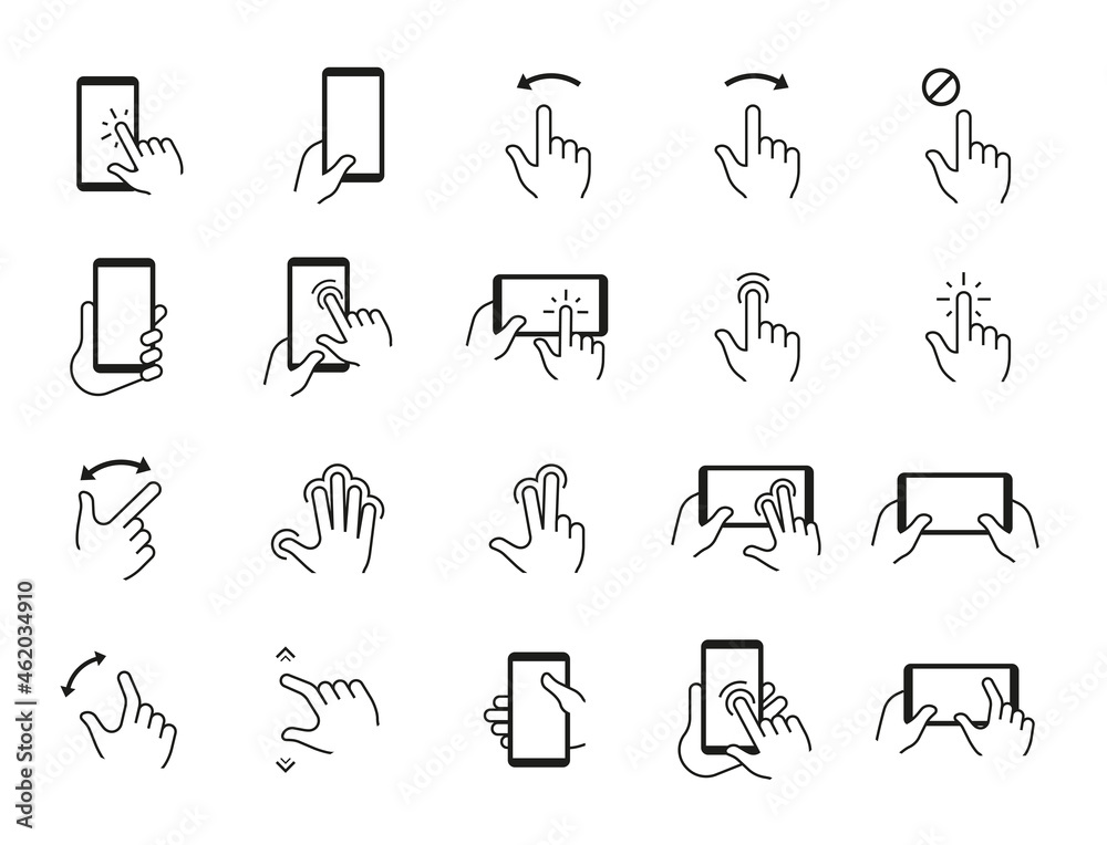 Aufkleber phone gestures icons. hand swiping and touching smartphone screen. mobile display tap and click. dev