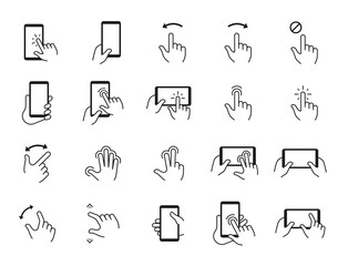 Phone gestures icons. Hand swiping and touching smartphone screen. Mobile display tap and click. Device using signs. Electronic gadget interface pictograms. Vector finger point set