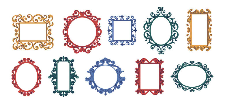 Trendy doodle frames. Contemporary decorative curly framing collection for mirrors and quotes. Hand drawn elegant vintage square or round borders. Vector empty interior frameworks set