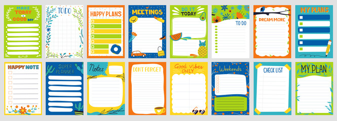Cute planner. Notepad to do list. Paper page with colorful decoration. Schedule card and memo mockup. Organizer sheets templates set. Kids school stationery. Vector agenda collection