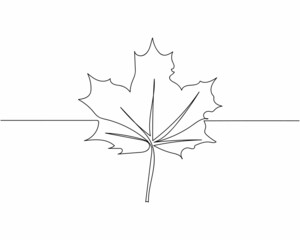 Continuous one line drawing of beautiful maple leaf in silhouette on a white background. Linear stylized.
