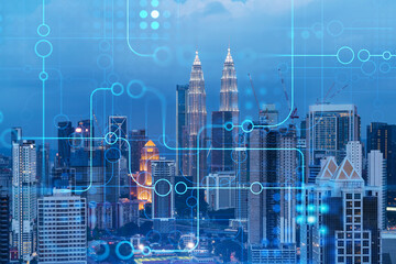 Plakat Information flow hologram, night panorama city view of Kuala Lumpur. KL is the largest technological center in Malaysia, Asia. The concept of programming science. Double exposure.