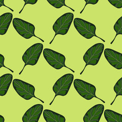 Seamless pattern Spinach salad on light green background. Modern ornament with lettuce.