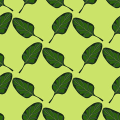 Seamless pattern Spinach salad on light green background. Modern ornament with lettuce.