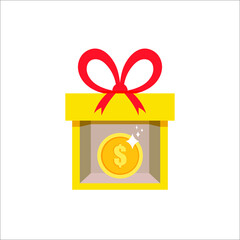 Vector Gift Box with Money Coin in It Isolated on White Background, Colorful Yellow and Red Illustration, Icon Template. 
