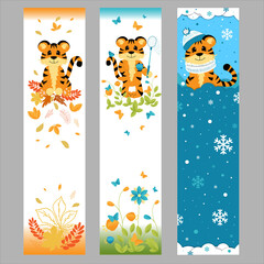 Set of vector bookmarks. Cute little tiger in different seasons. Colorful design can be used background, banner.