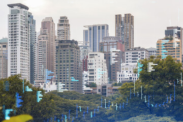 Obraz premium Financial stock chart hologram over panorama city view of Bangkok, business center in Southeast Asia. The concept of international transactions. Double exposure.