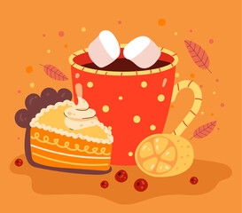 Autumn hot drink with piece of pie concept. Vector cartoon illustration
