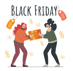 Two people character quarrel sale discount special offer. Black Friday vector cartoon illustration