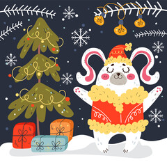 Christmas rabbit bunny forest winter animal celebration New Year. Design element card cartoon hand drawn illustration