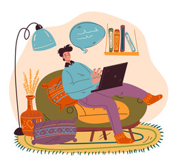 Freelance man character working home. Vector cartoon hand drawn illustration
