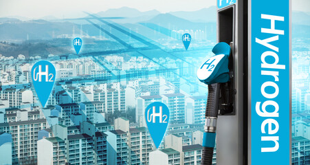 Hydrogen filling station on a background of geotagged map with H2 symbols. 