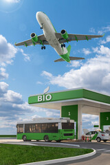 The plane takes off over a gas station with the inscription BIO. Decarbonization concept