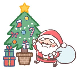クリスマスツリーとプレゼントの袋を持つサンタクロース