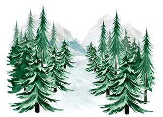 Forest road to mountains watercolor. Template for decorating designs and illustrations.