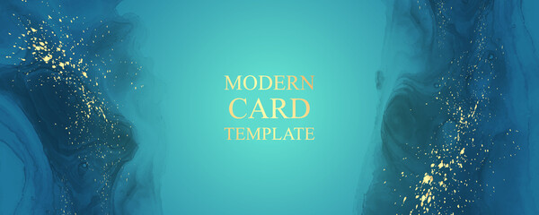 Modern watercolor background or elegant card design or banner or header with abstract blue ink waves and golden splashes.