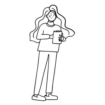 the girl is holding a notebook for notes. A girl drawn with a black outline. Vector illustration