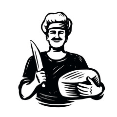 Chef with head of cheese. Food concept sketch. Hand drawn vintage vector illustration