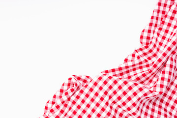 Fabric textile crumpled on white background with copy space. Tablecloth picnic Red, white texture checkers on white background. - Powered by Adobe
